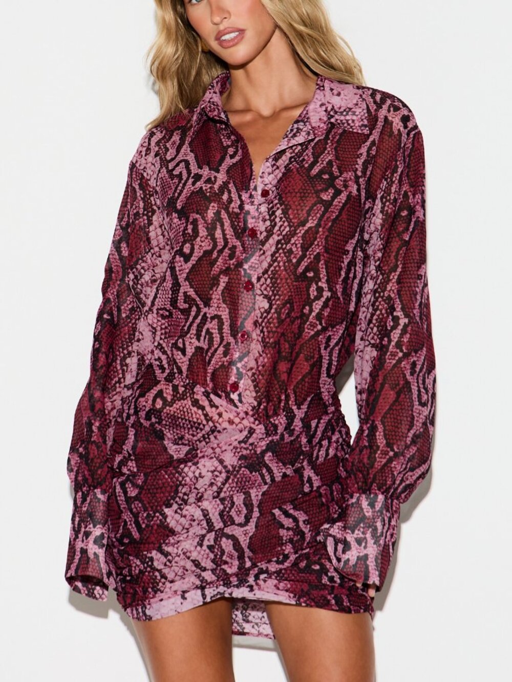 Pink Party Women's Ruched Snake Print Button Front Collared Mini Shirt Dress